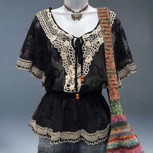 Flying Tomato Black Lace Boho Top M Crochet Tie Peasant Blouse Festival Fairy